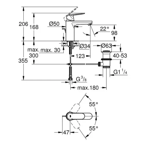 Grohe Eurosmart Cosmopolitan za lavabo 23325000 - tehnički crtež