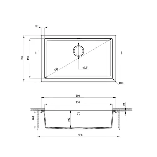 Deante Corda ZQA N10D podgradna Crna 800x500/204mm - tehnički crtež