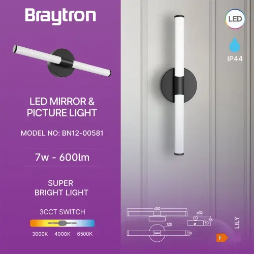 Braytron LED Lampa za Ogledalo 450MM 7W Crni CCT IP44 BN12-00581