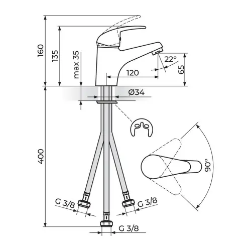 Rosan King za lavabo 3 cevi J301003 - tehnički crtež