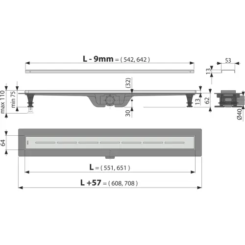 Alca APZ18 750mm TUS tuš kanalica - tehnički crtež