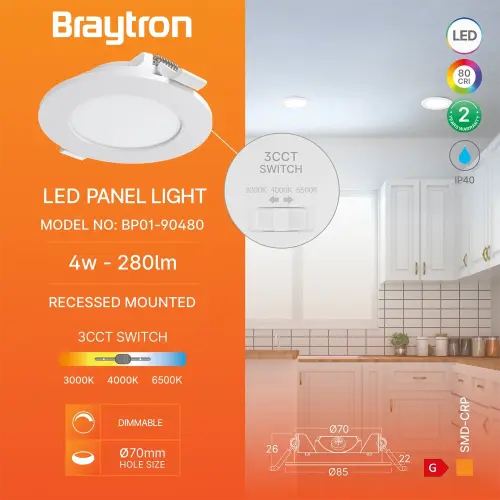 Braytron LED Panel Ugradni Okrugli 3" 4W Beli CCT BP01-90480