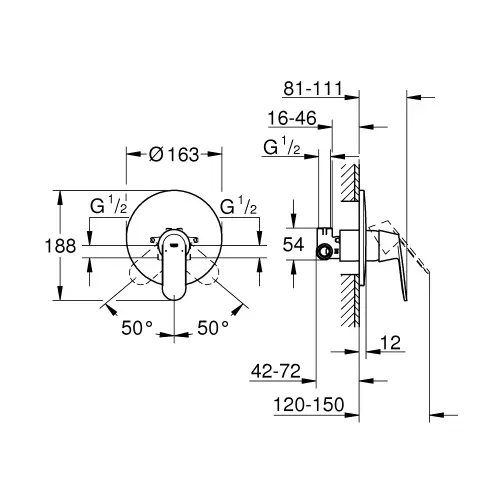 Grohe Eurosmart Cosmopolitan mešač 32880000 - tehnički crtež