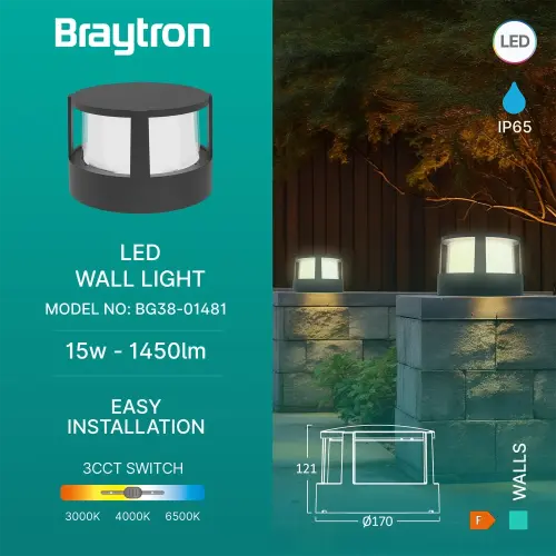 Braytron LED Zidna Svetiljka Okrugla 15W Crni CCT IP65 BG38-01481