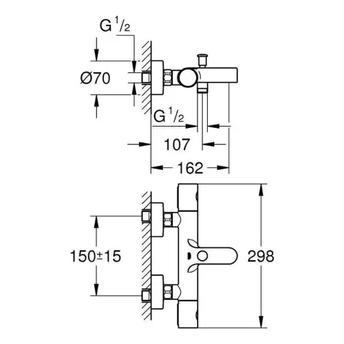 Grohe Grohtherm Cosmopolitan termostatska za kadu 34766000 - tehnički crtež