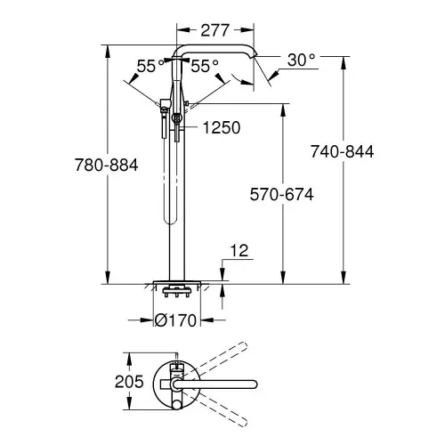 Grohe Essence za kadu podna 23491GL1 Cool sunrise - tehnički crtež