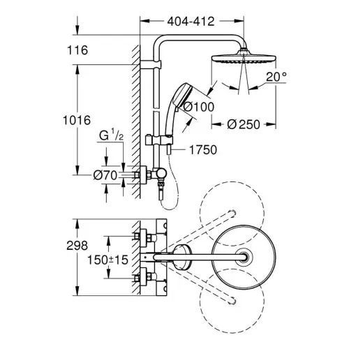 Grohe NEW Tempesta Cosmopolitan 250 USPONSKI TERMO - tehnički crtež