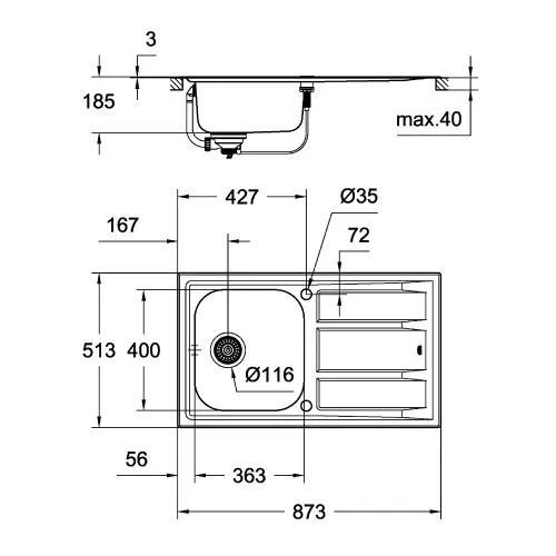 Grohe K400 sudopera 45 -S 87,3/51,3 1.0 rev 31568SD0 - tehnički crtež