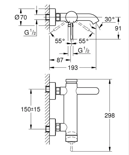 Grohe Essence za kadu 33624001 - tehnički crtež