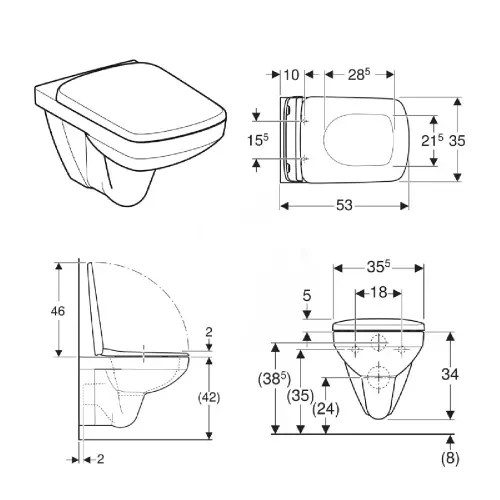 Geberit Selnova Square SET WC šolja Rimfree sa sc daskom - tehnički crtež