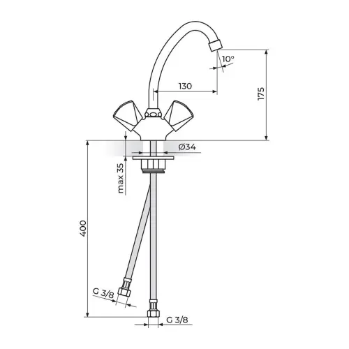 Rosan Klasik Baterija stojeća - kraći izliv 130 mm K23013 - tehnički crtež