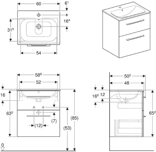 Geberit Lavabo Ugradni 588 x 502 mm Sa Orm. Sa 2 Fioke Selnova Square beli 501.2 - tehnički crtež