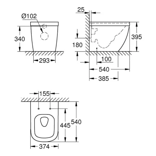 Grohe Euro Ceramic WC šolja Baltik Rimless back to wall 39339000 - tehnički crtež