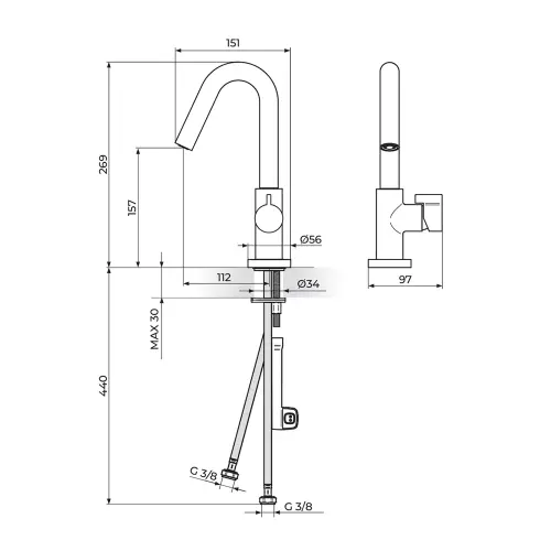 Rosan S3 za lavabo 330201B - tehnički crtež