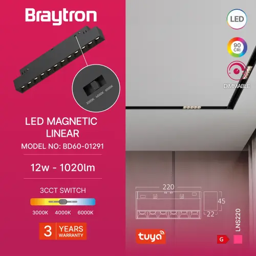Braytron Magnetna Linearna Svetiljka 12W Crna 48VDC CCT Dimabilna Tuya BD60-01291