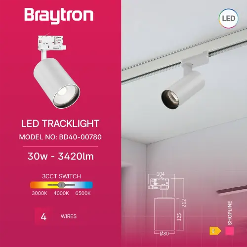 Braytron LED Šinski Reflektor 30W Beli CCT Trofazni BD40-00780