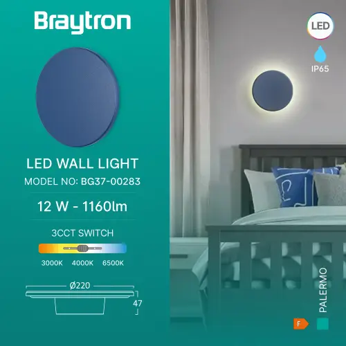 Braytron LED Zidna Svetiljka Okrugla 12W Plavi CCT IP65 BG37-00283
