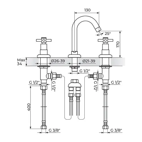 Rosan XO za lavabo - 3 otvora XO30102 - tehnički crtež