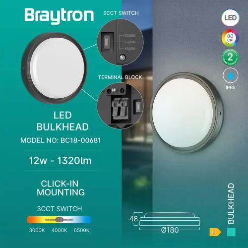 Braytron LED Brodska Svetiljka Okrugla 12W Crna CCT IP65 BC18-00681