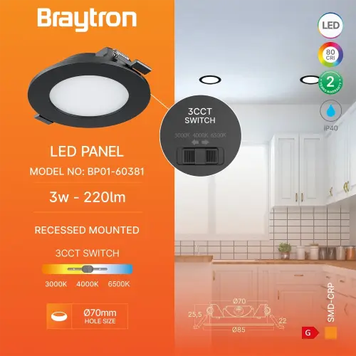 Braytron LED Panel Ugradni Okrugli 3" 3W Crni CCT BP01-60381