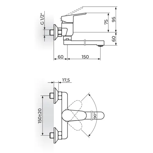 Rosan Smart Zidna 150mm JA321001 - tehnički crtež