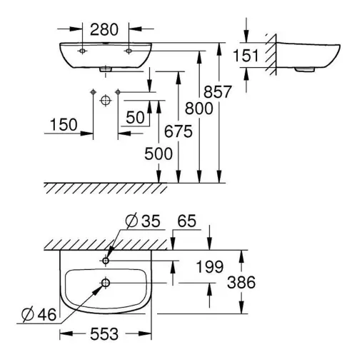 Grohe Bau Ceramic Umivaonik na ploču 55 39440000 - tehnički crtež