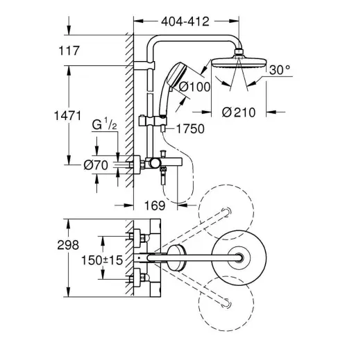 Grohe Tempesta Cosmopolitan 210 Termostatski Usponski tuš 26223001 - tehnički crtež