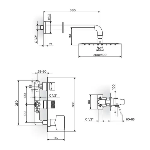 Rosan S2 Black uzidna baterija za tuš kadu 231605B - tehnički crtež