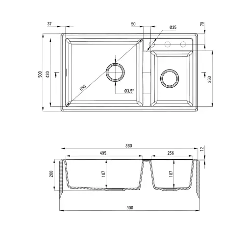 Deante Eridan ZQE N20B ugradna Crna 880x500/200mm - tehnički crtež