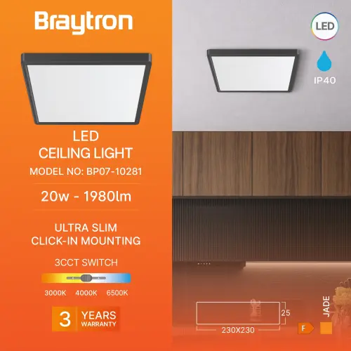 Braytron LED Plafonjera Kvadratni 20W Crni CCT BP07-10281