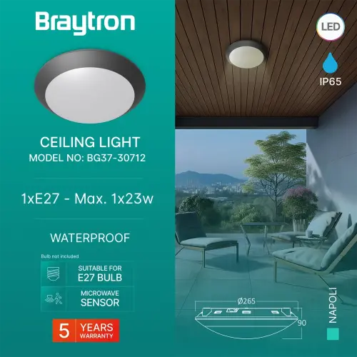 Braytron Plafonska Svetiljka Sivi sa Senzorom IP65 BG37-30712