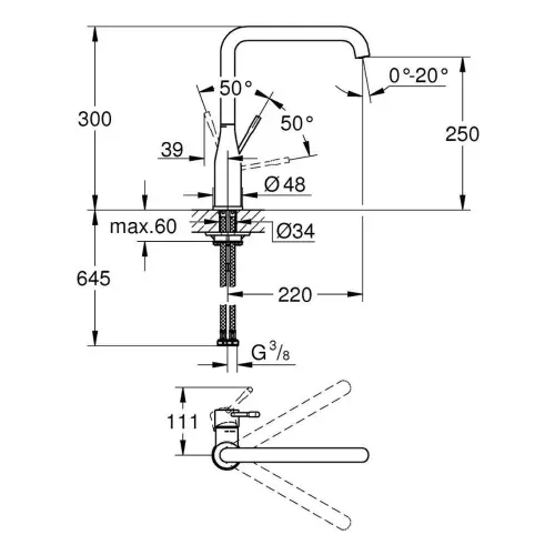 Grohe Essence za sudoperu Supersteel 30269DC0 - tehnički crtež
