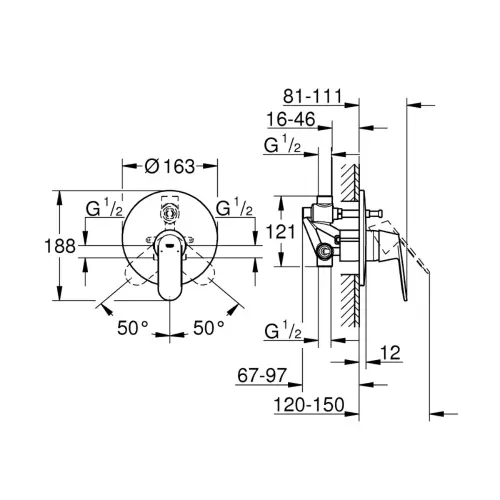 Grohe Eurosmart Cosmopolitan mešač sa prebacivačem 32879000 - tehnički crtež