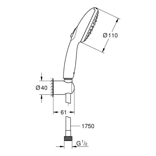 Grohe Tempesta 110 tuš ručica SET SA DRZACEM I CREVOM 1750mm 3F - tehnički crtež