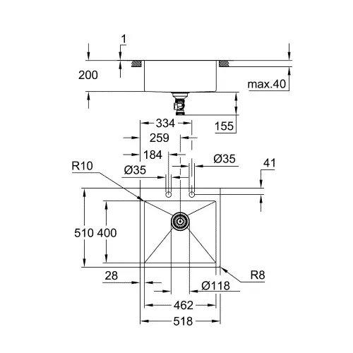 Grohe K800 sudopera 60 -S 51,8/56 1.0 31583SD1 - tehnički crtež