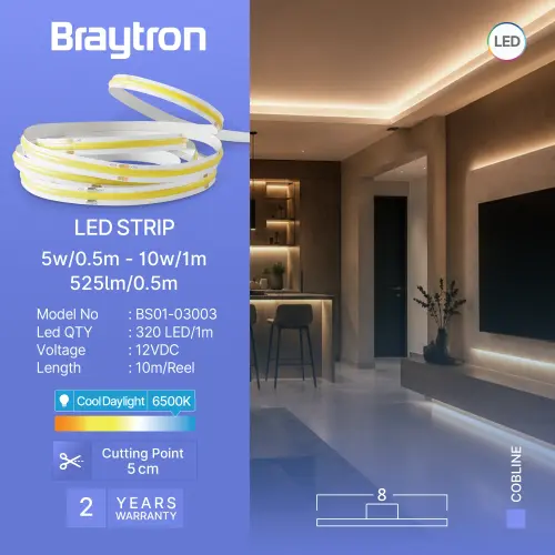 Braytron LED COB Traka 10W 320D COB 6500K 12V IP20 10M BS01-03003