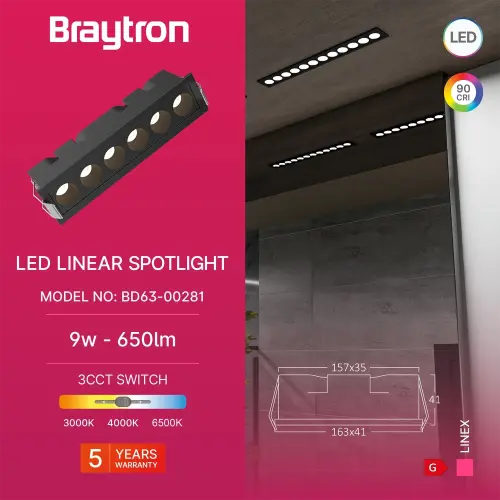Braytron LED Linearna Svetiljka 9W Crni CCT BD63-00281