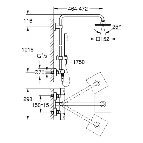 Grohe Euphoria 150 Termostatski Usponski tuš 27932000 - tehnički crtež
