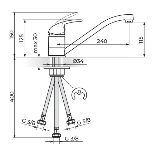 Rosan King za sudoperu 3 cevi J381003 - tehnički crtež