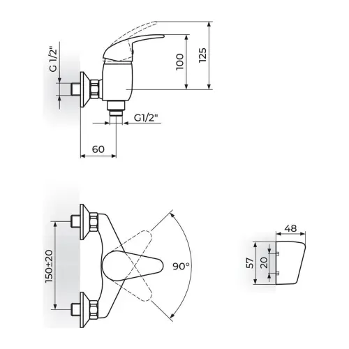 Rosan King za tuš kadu J371001 - tehnički crtež