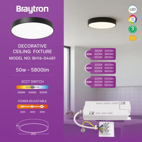 Braytron LED Plafonjera Okrugla 50W Crni CCT BH16-04481