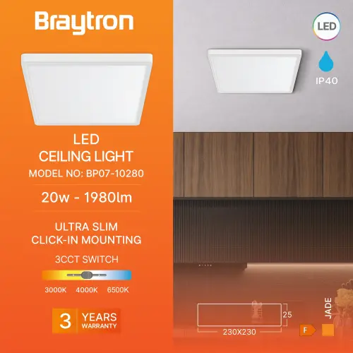 Braytron LED Plafonjera Kvadratni 20W Beli CCT BP07-10280