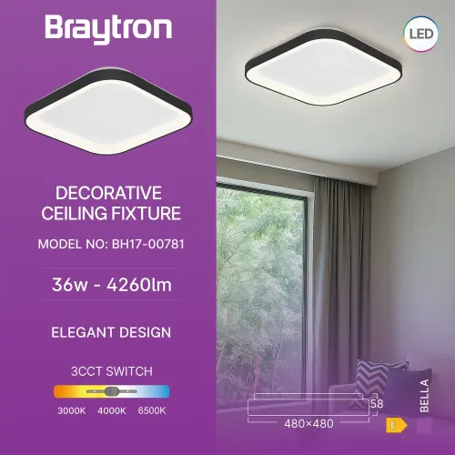 Braytron LED Plafonjera Kvadratna 36W Crni CCT IP20 BH17-00781