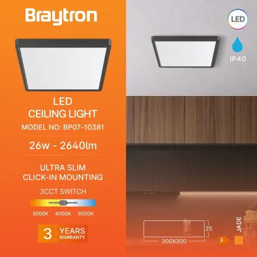 Braytron LED Plafonjera Kvadratni 26W Crni CCT BP07-10381