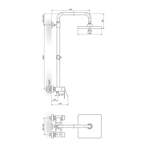 Rosan Quadro Usponski tuš JQ37255 - tehnički crtež