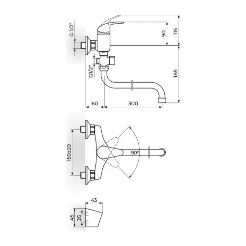 Rosan Perla za kadu-lavabo - švedska - cevni izliv 300 mm JP341002 - tehnički crtež