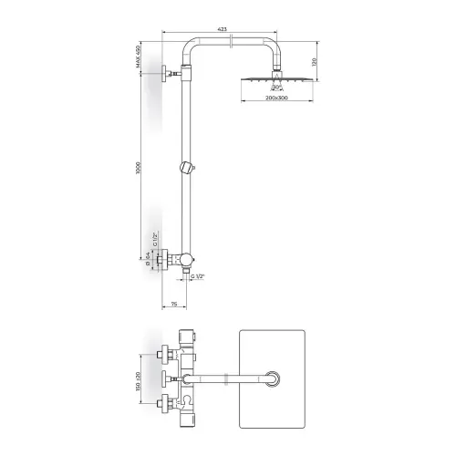 Rosan S2 Black termostatska za tuš kadu 2T37251B - tehnički crtež