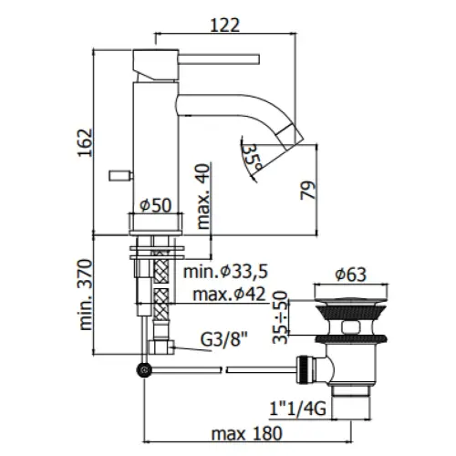 Paffoni Light baterija za lavabo Crna LIG075NO - tehnički crtež
