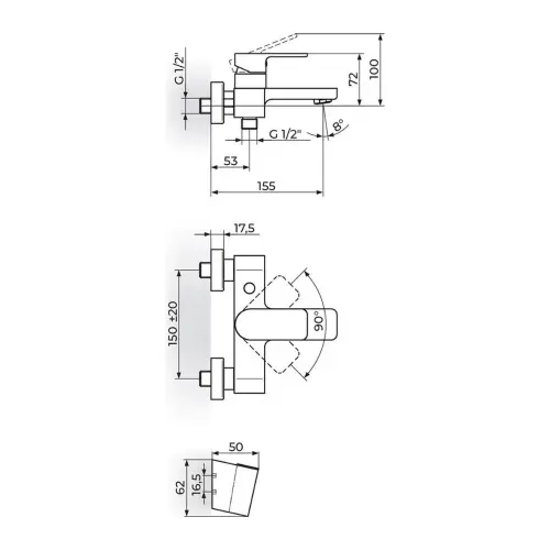 Rosan S2 Black Baterija za kadu 233101B - tehnički crtež