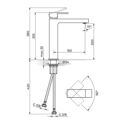 Rosan Quadro Black za lavabo Visoka JQ30109B - tehnički crtež